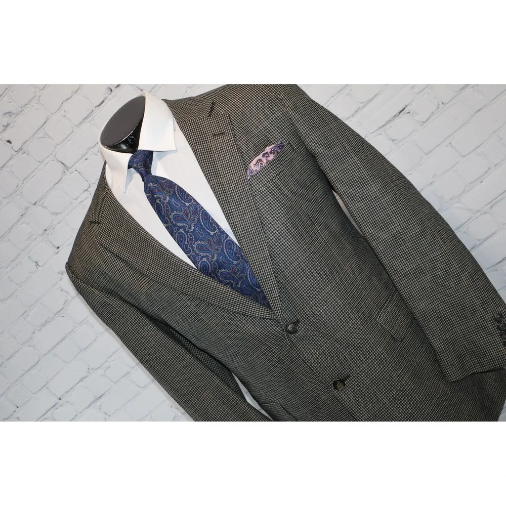 Jos. A. Bank Blazer Mens 44L Gray Houndstooth Plaid 2Btn Silk Wool Sport Coat